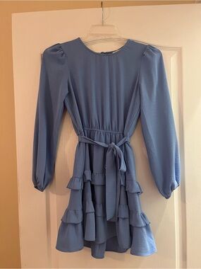 Long Sleeve Ruffle Tie-Waist Dress in Dusty Blue